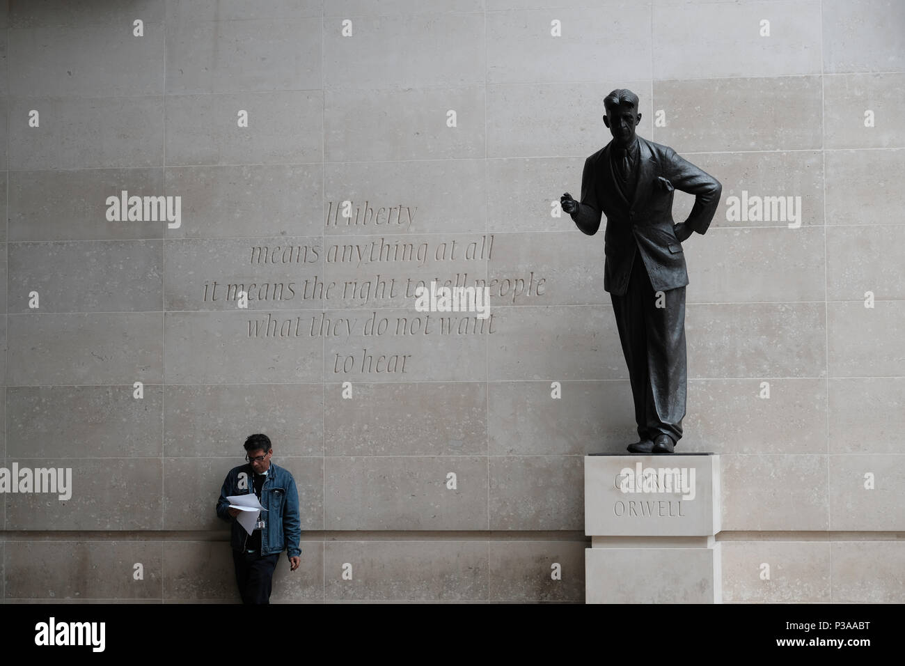 Statue of Orwell outside BBC HQ, London, United Kingdom Stock