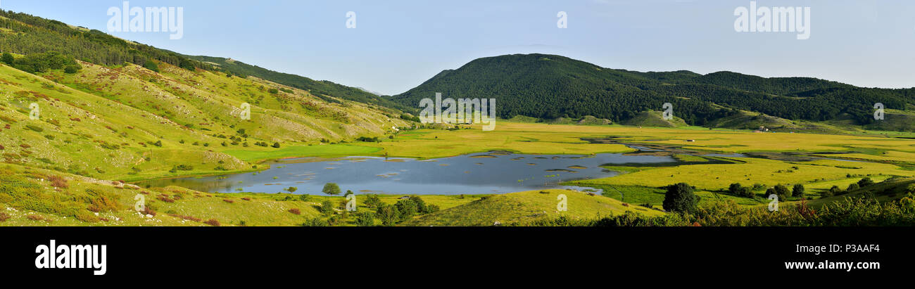 Panoramic picture of Rascino Lake, Plateau Rascino, Rieti, Lazio, Italy Stock Photo