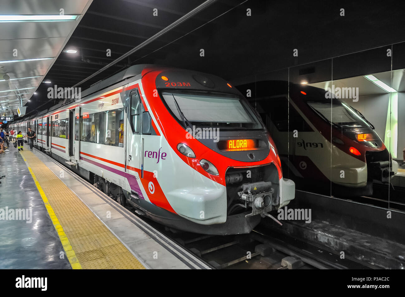 Train in Malaga Underground Railway Station, Malaga, Spain. Stock Photo
