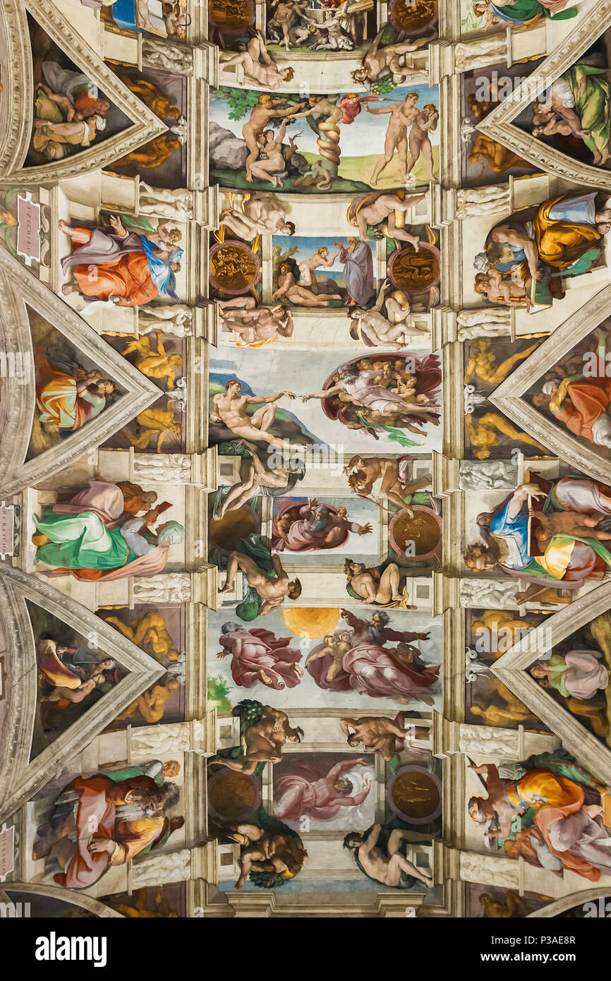 Rome, Italy - June 29, 2017: Sistine chapel ceiling, creation scene, Vatican museums, Rome, Italy. Stock Photo