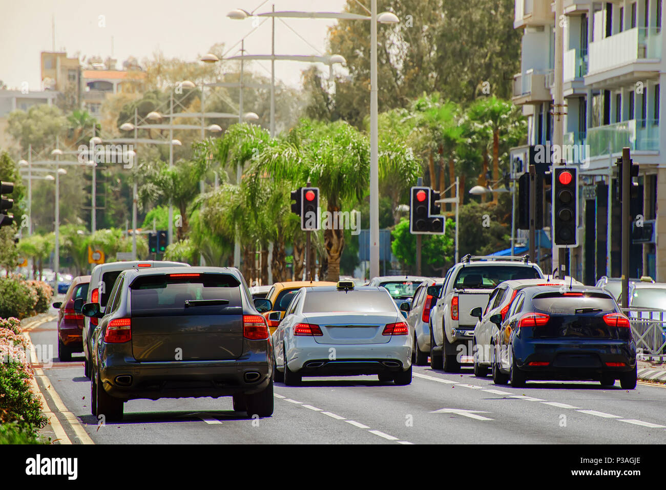 cars stopped at a red traffic light signal in the summer hot midday