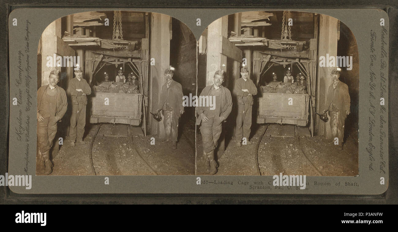 171 Loading cage with car of coal at bottom of shaft, Scranton, Pa., U.S.A, from Robert N. Dennis collection of stereoscopic views Stock Photo