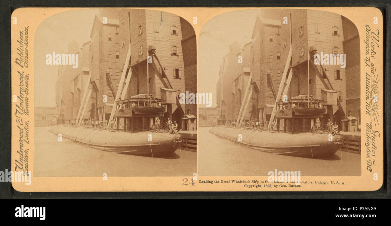 171 Loading the great whaleback ship at the famous grain elevators, Chicago, U.S.A, from Robert N. Dennis collection of stereoscopic views Stock Photo