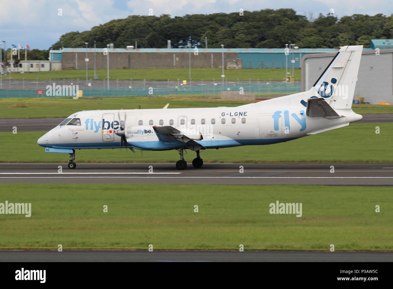 G-LGNE, a Saab 340B operated by Loganair in Flybe colours, during training flights at Prestwick International Airport in Ayrshire. Stock Photo