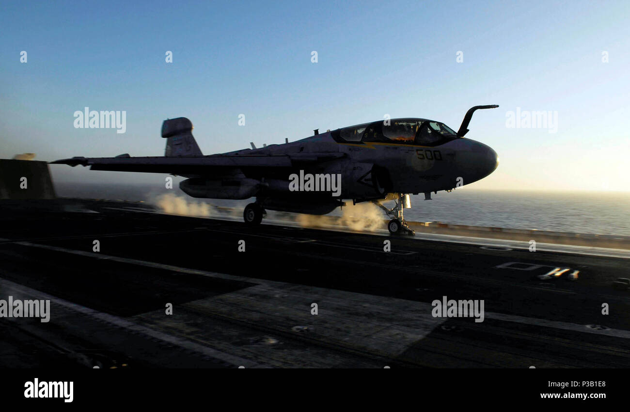 OCEAN (Oct. 29, 2008) An EA-6B Prowler from the 'Yellow Jackets' of Electronic Attack Squadron (VAQ) 138 launches from the flight deck of the Nimitz-class aircraft carrier USS John C. Stennis (CVN 74). Stennis and Carrier Air Wing (CVW) 9 are part of the John C. Stennis Carrier Strike Group conducting a composite training unit exercise off the coast of Southern California. Stock Photo