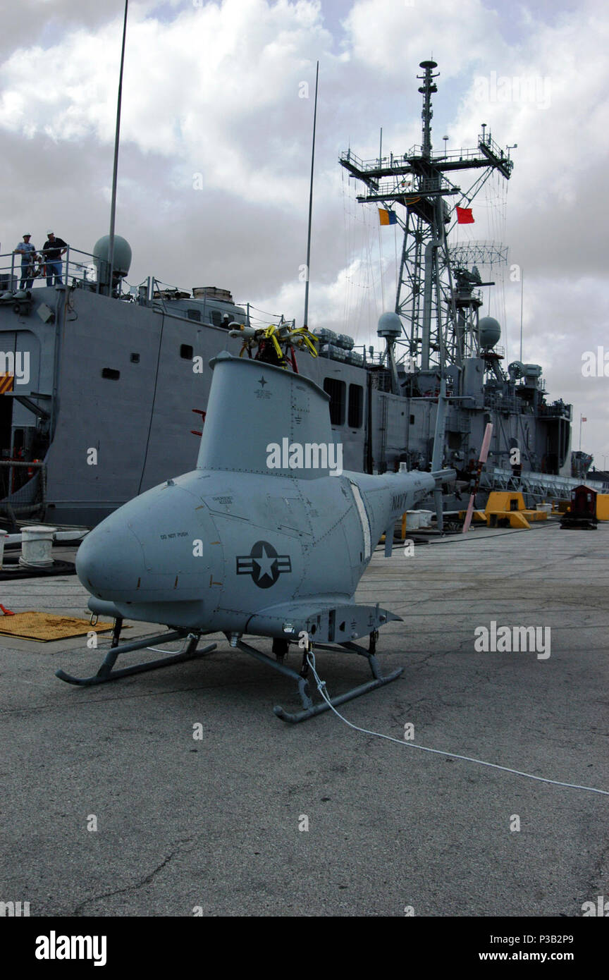 Fla. (Dec. 10, 2008) The guided-missile frigate USS McInerney (FFG 8) embarks an MQ-8B Fire Scout unmanned air vehicle. This is the first time a Fire Scout has deployed with the U.S. Navy ship. Fire Scout will assist McInerney during its next counter illicit trafficking deployment to Latin America. Stock Photo