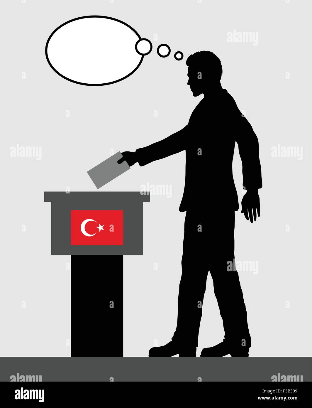 Turkish voter male voting for election in Turkey with thought bubble