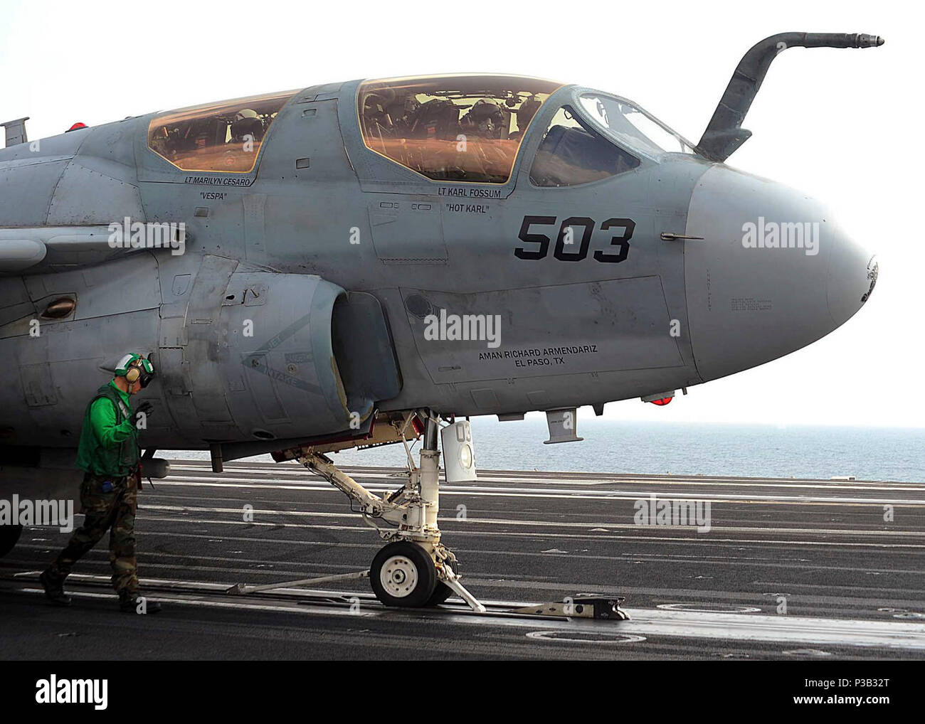 OF OMAN (Dec. 17, 2008) Cmdr. David J. Bryson prepares to launch an EA-6B Prowler assigned to the 'Shadowhawks' of Electronic Attack Squadron (VAQ) 141 from the flight deck of the aircraft carrier USS Theodore Roosevelt (CVN 71) before an in-air change of command ceremony. Bryson is relieving Cmdr. Michael D. McKenna as the commanding officer of VAQ-141. Theodore Roosevelt and Carrier Air Wing (CVW) 8 are conducting operations in the U.S. 5th Fleet area of responsibility and are focused on reassuring regional partners of the United States' commitment to security, which promotes stability and g Stock Photo