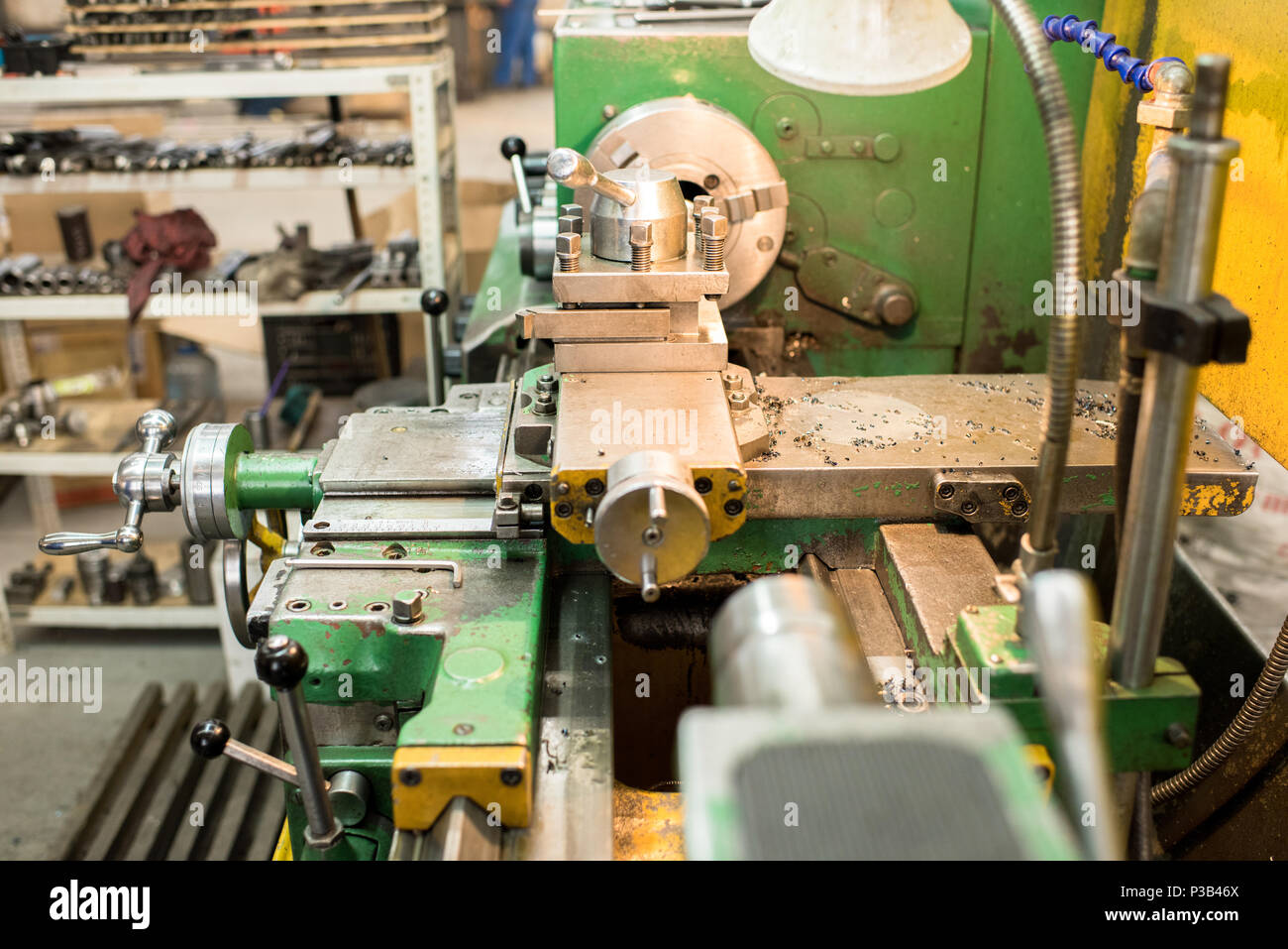 Metalworking Lathe With Metal Shavings On Bench Stock Photo
