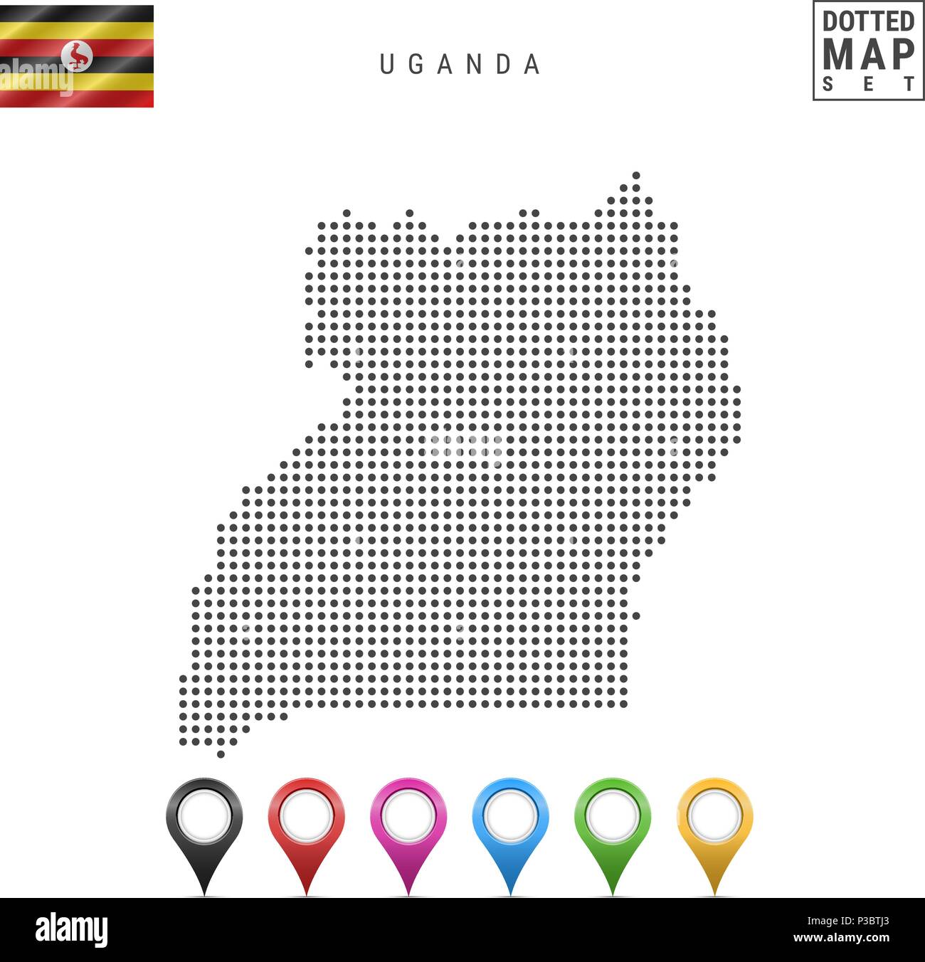 Dots Pattern Vector Map of Uganda. Stylized Silhouette of Uganda. Flag of Uganda. Set of Multicolored Map Markers Stock Vector