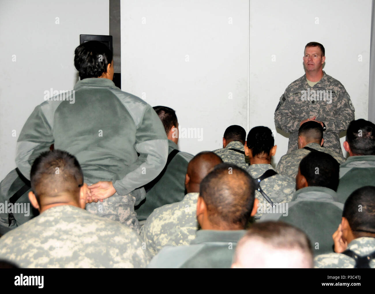 - CAMP EGGERS, Afghanistan – Sergeant Major of the Army Kenneth Preston speaks with Soldiers of NATO Training Mission – Afghanistan at Camp Eggers Dec. 7, 2009. During his visit, Preston responded to the Soldiers questions and concerns and thanked them for their service. Stock Photo