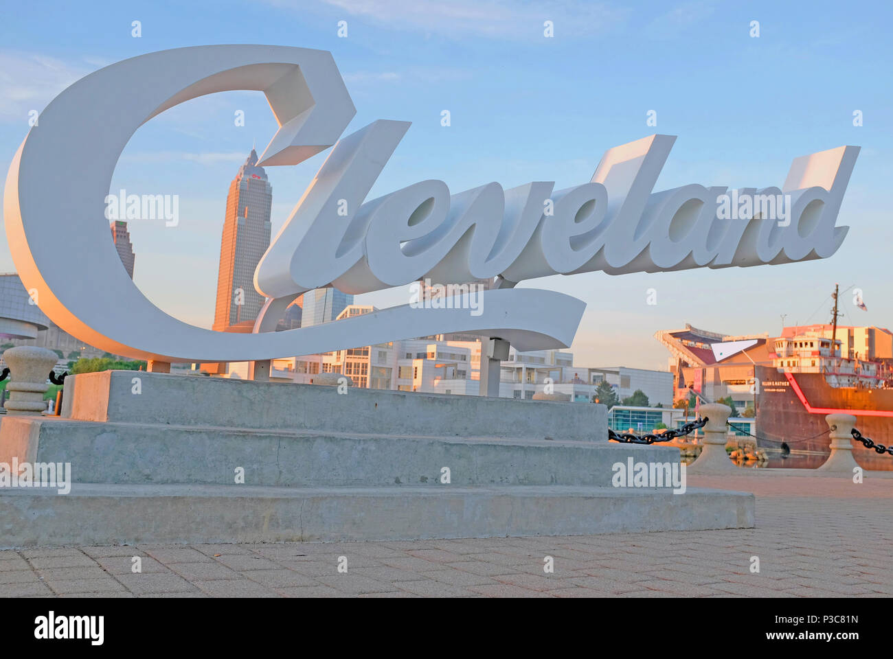 Cleveland script at sunrise in the northcoast harbor off of downtown Cleveland, Ohio, USA. Stock Photo