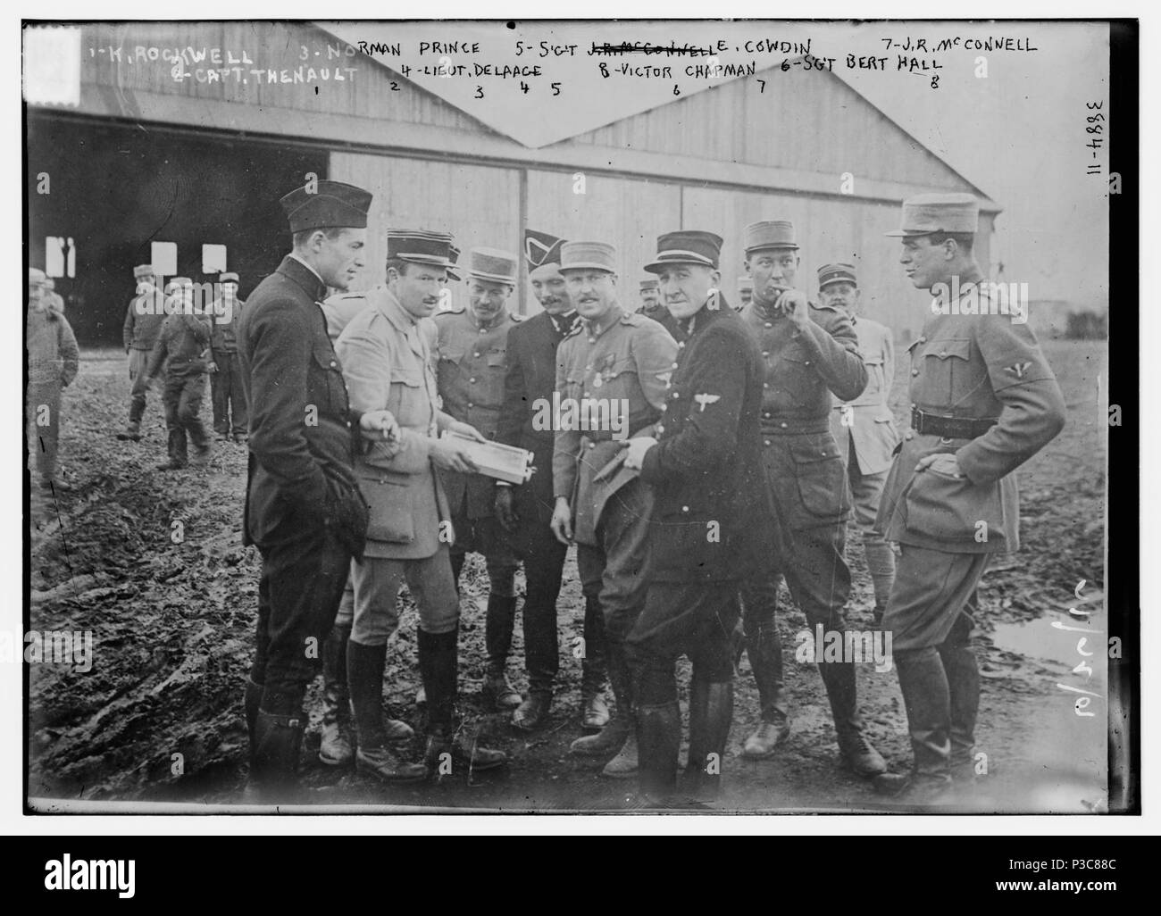 1. K. Rockwell, 2. Capt. Thenault, 3. Norman Prince, 4. Lieut. DeLaage, 5. Sgt. E, Cowdin, 6. Sgt. Bert Hall, 7. J.R. McConnell, and 8. Victor Chapman Stock Photo