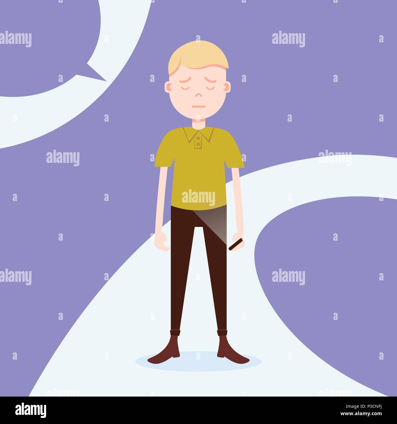 teen boy character grieved hold phone male template for design work and animation on violet background full length flat person, Stock Vector