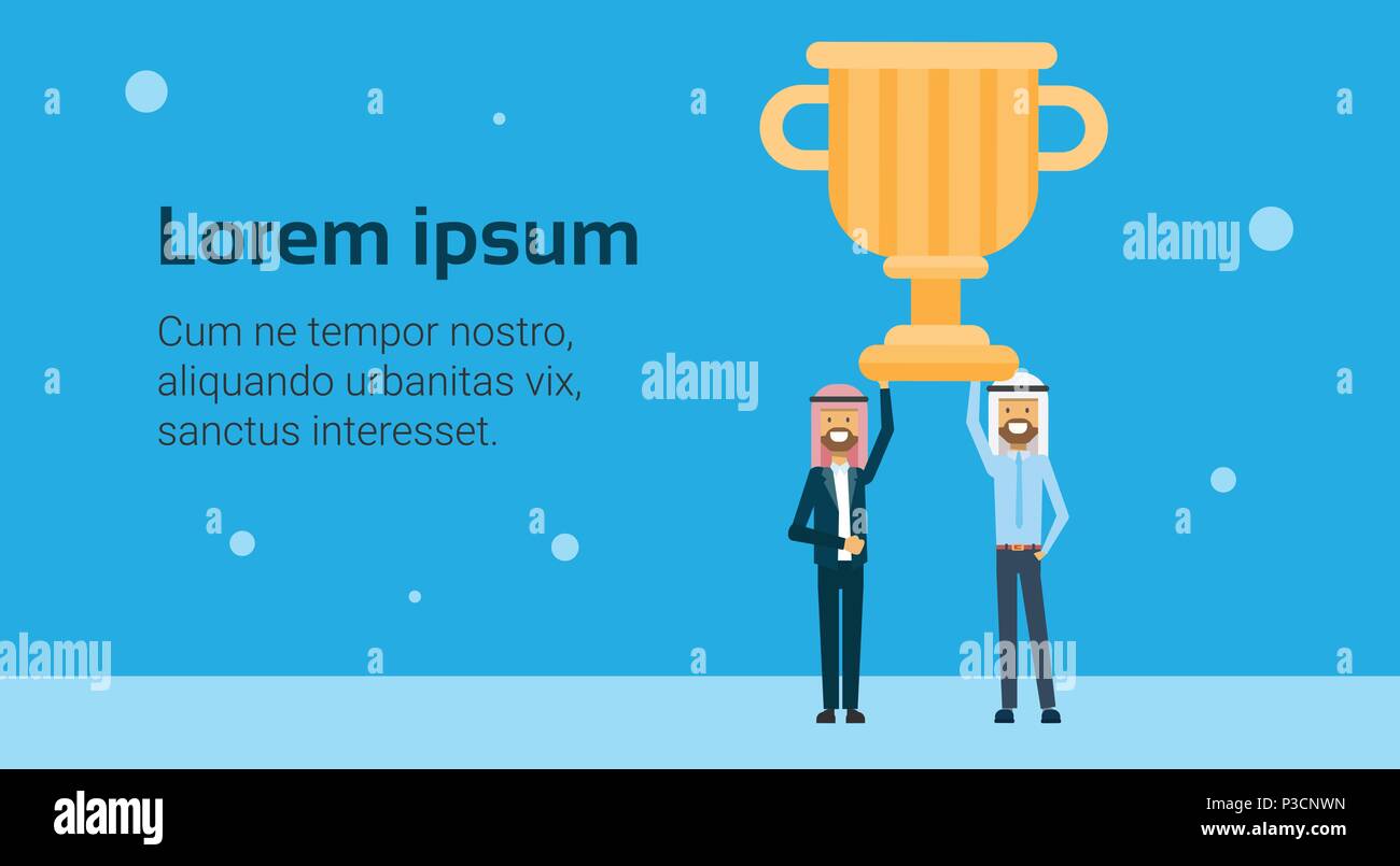 two arab businessman leader hold prize gold winner cup, team success