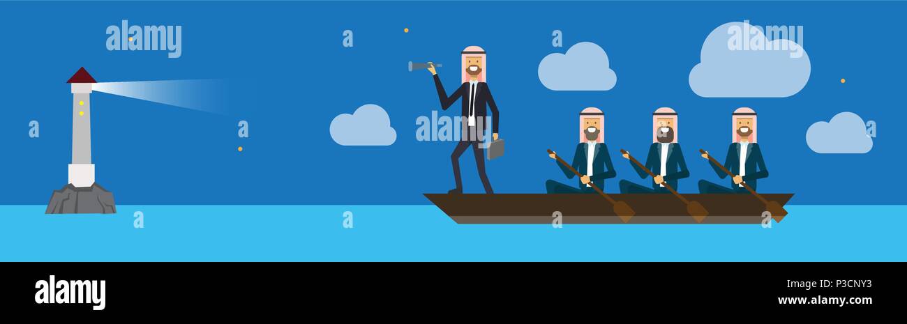arab business group on boat with team leader looking straight with binocular on lighthouse, success business concept, copy space, flat Stock Vector
