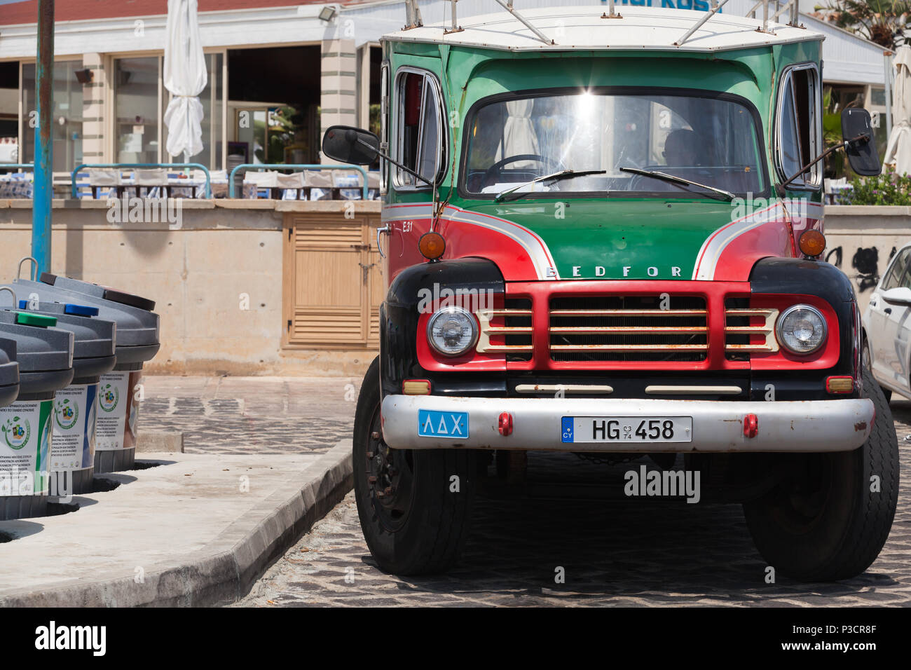 Ayia Napa, Cyprus - June 12, 2018: Old Bedford TJ Bus, close-up front view. Bedford Vehicles, was a brand of vehicle produced by Vauxhall Motors Stock Photo