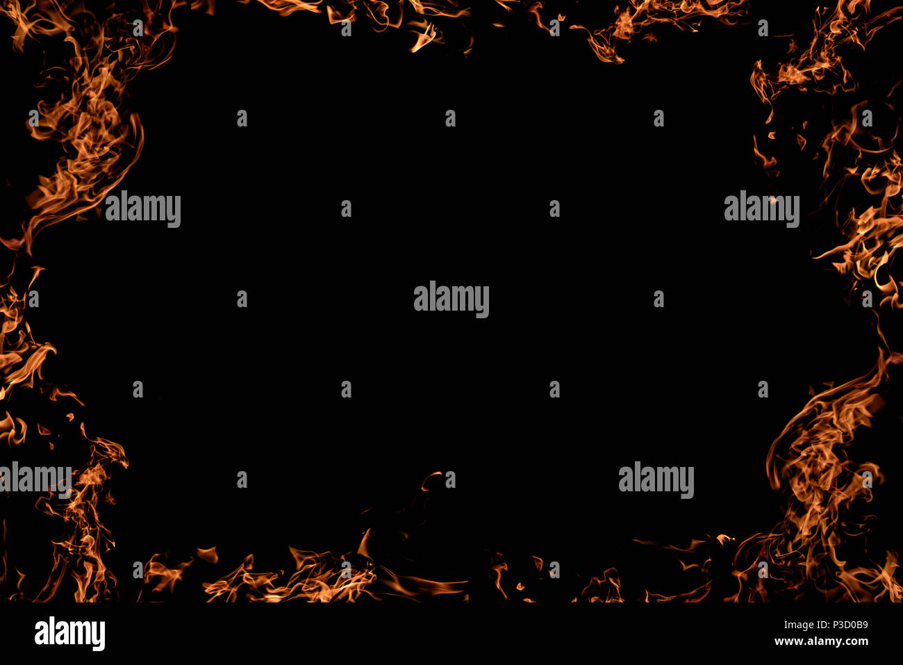 black background on fire. a sign for advertising. copy space. fire frame Stock Photo