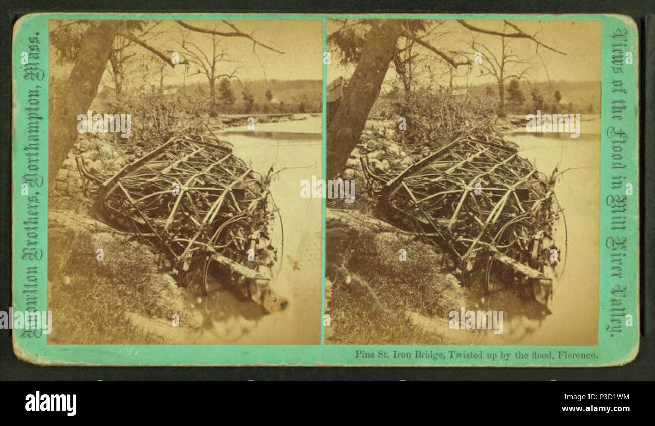 . Pine St. iron bridge, twisted up by the flood, Florence.  Coverage: May,1874. Source Imprint: Northampton, Mass. : Knowlton Brothers, May, 1874.. Digital item published 8-31-2005; updated 2-12-2009. 237 Pine St. iron bridge, twisted up by the flood, Florence, by Knowlton Bros. Stock Photo