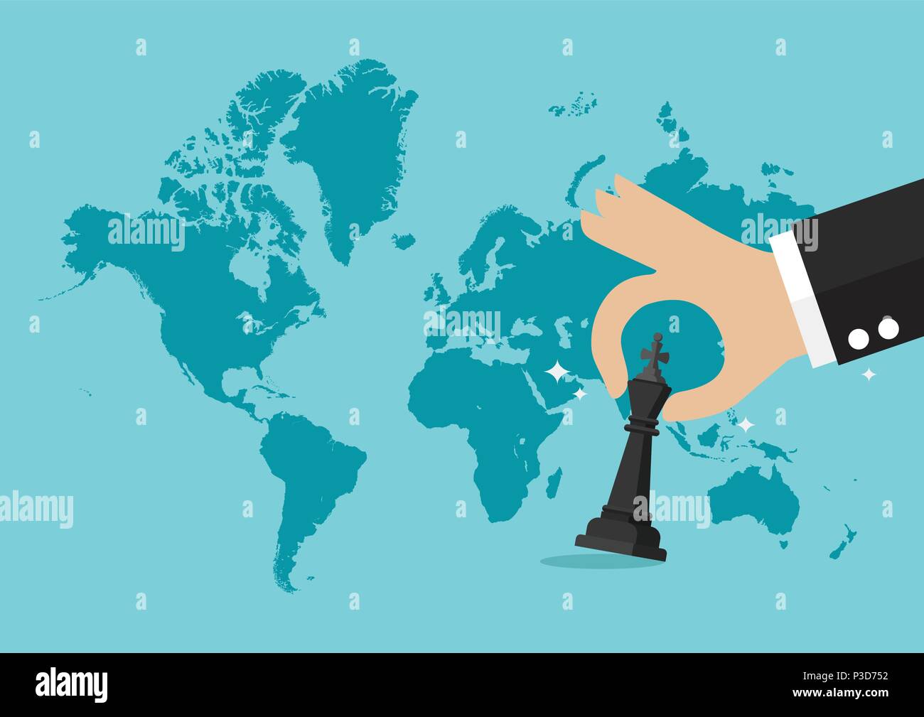 Hand holding chess figure with world map background. Business strategy concept Stock Vector
