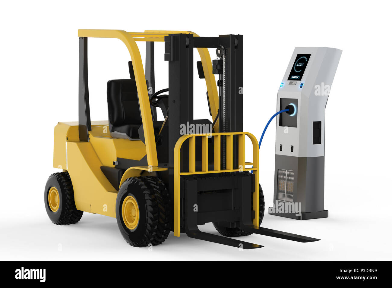3d rendering forklift truck charges with electric charging station