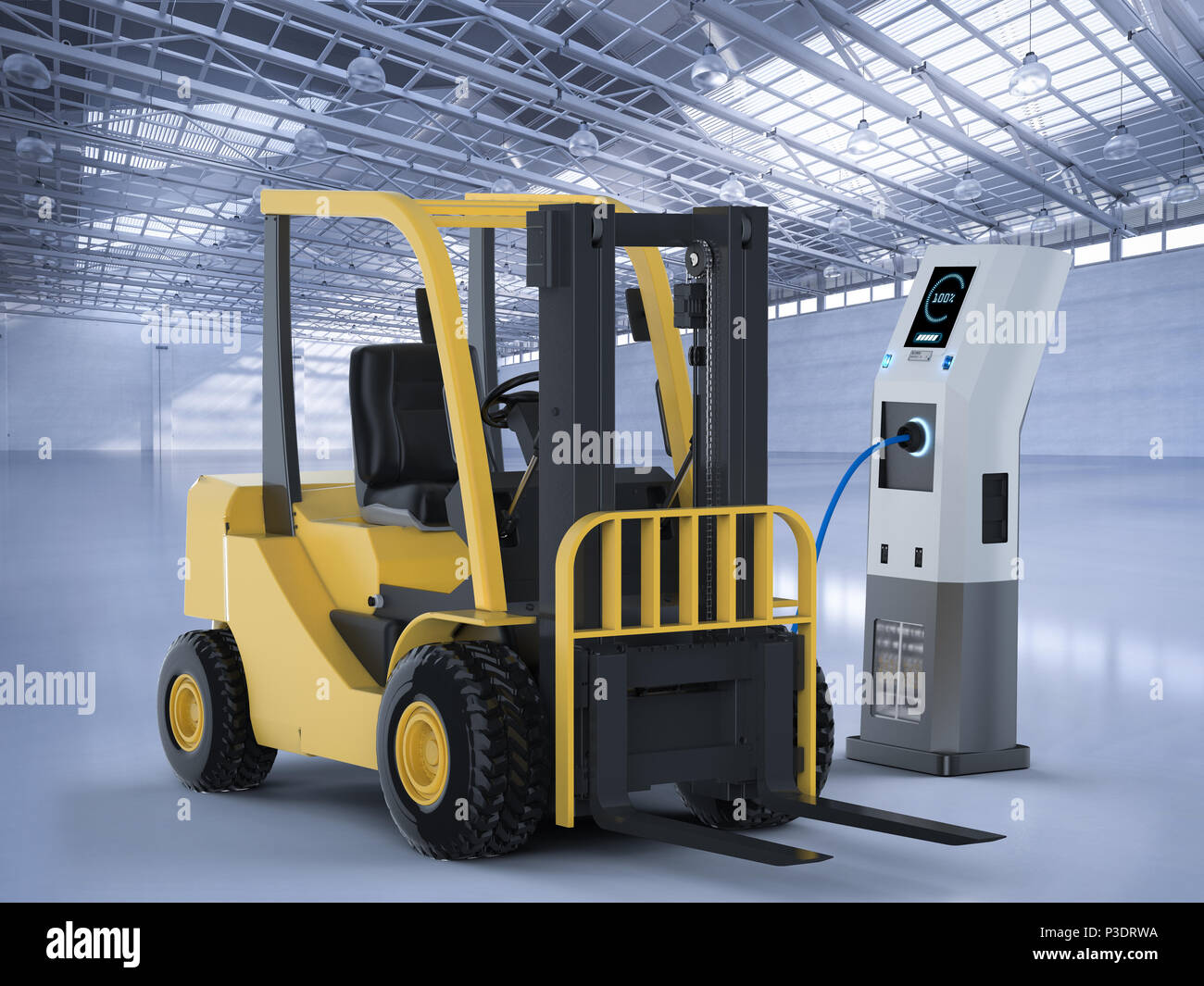 3d rendering forklift truck charges with electric charging station