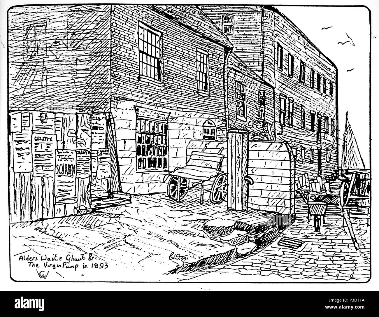 (Copyright waived) An ink sketch drawing  by Colin Waters of Alder's Waste Ghaut, Church Street  and the Virgin Pump, Whitby Yorkshire as it was in 1893 when Harker's Jet Merchant's and Stamp's Coal merchants had premises there. The public pump bore the inscription Antlia pro bono publico. (Provided for the public good)  . The hoarding marks the site of the former  Crown and Anchor, public house. The slipway is still in existence in 2021 Stock Photo