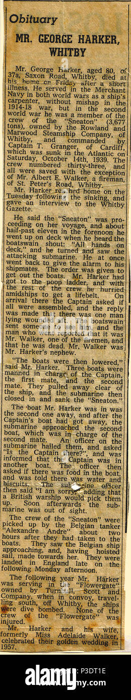 Newspaper Obituary of George Harker of Whitby, North Yorkshire. survivor of the sinking of the British merchant   ship  'Sneaton' in 1939. He was the son of William Harker, jet worker and merchant.. They were rescued by the Belgian tanker Alexandre Andre Stock Photo