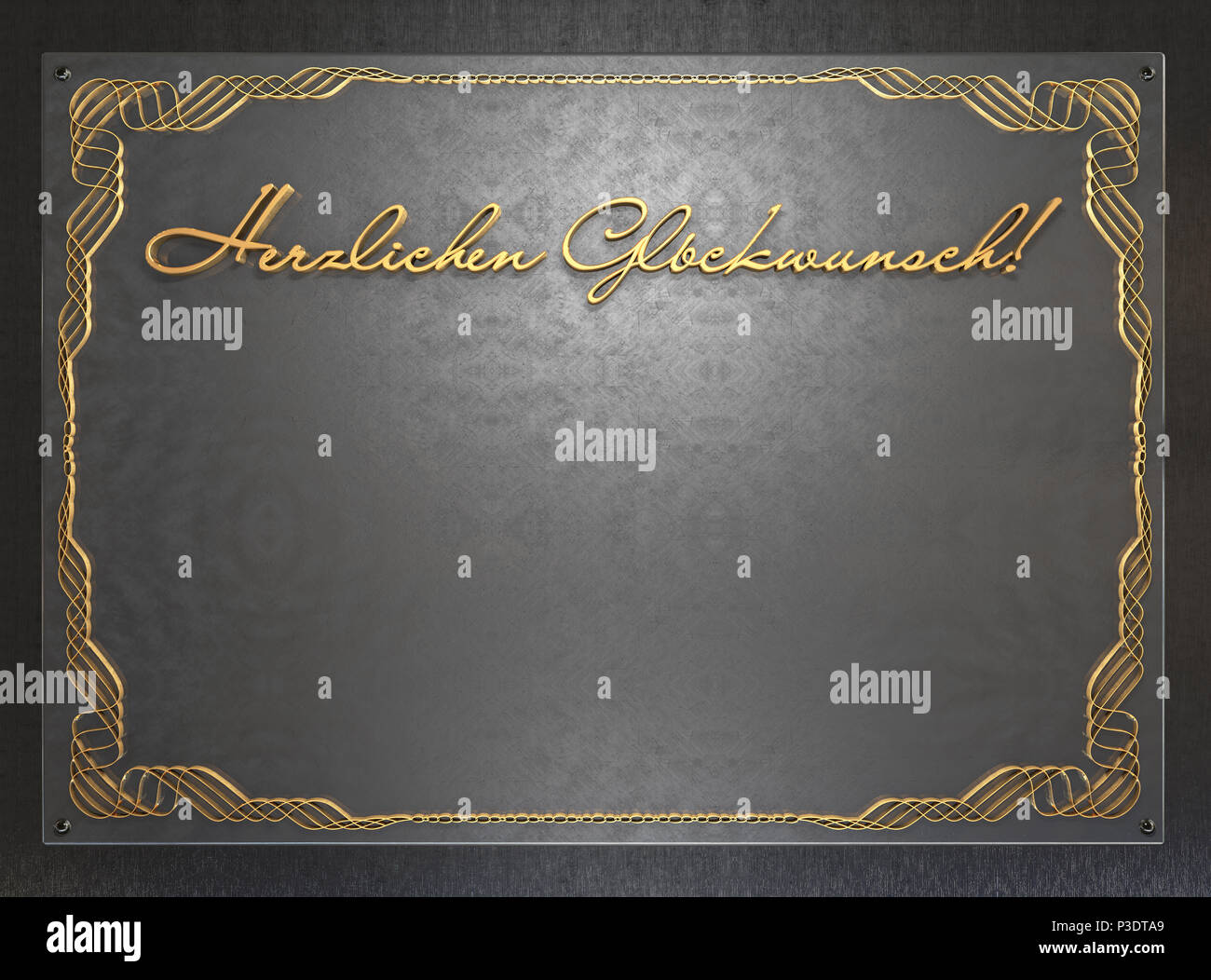 German text Herzlichen Gluckwunsch. translate Congratulations! Old metal plate with vintage