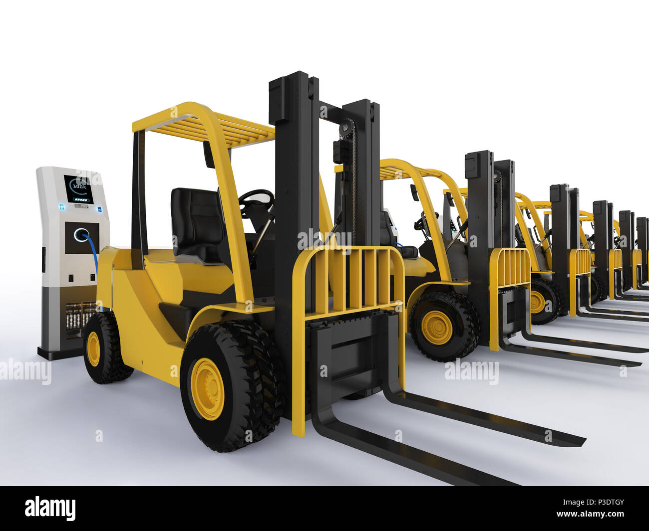 3d rendering forklift trucks charge with electric charging station