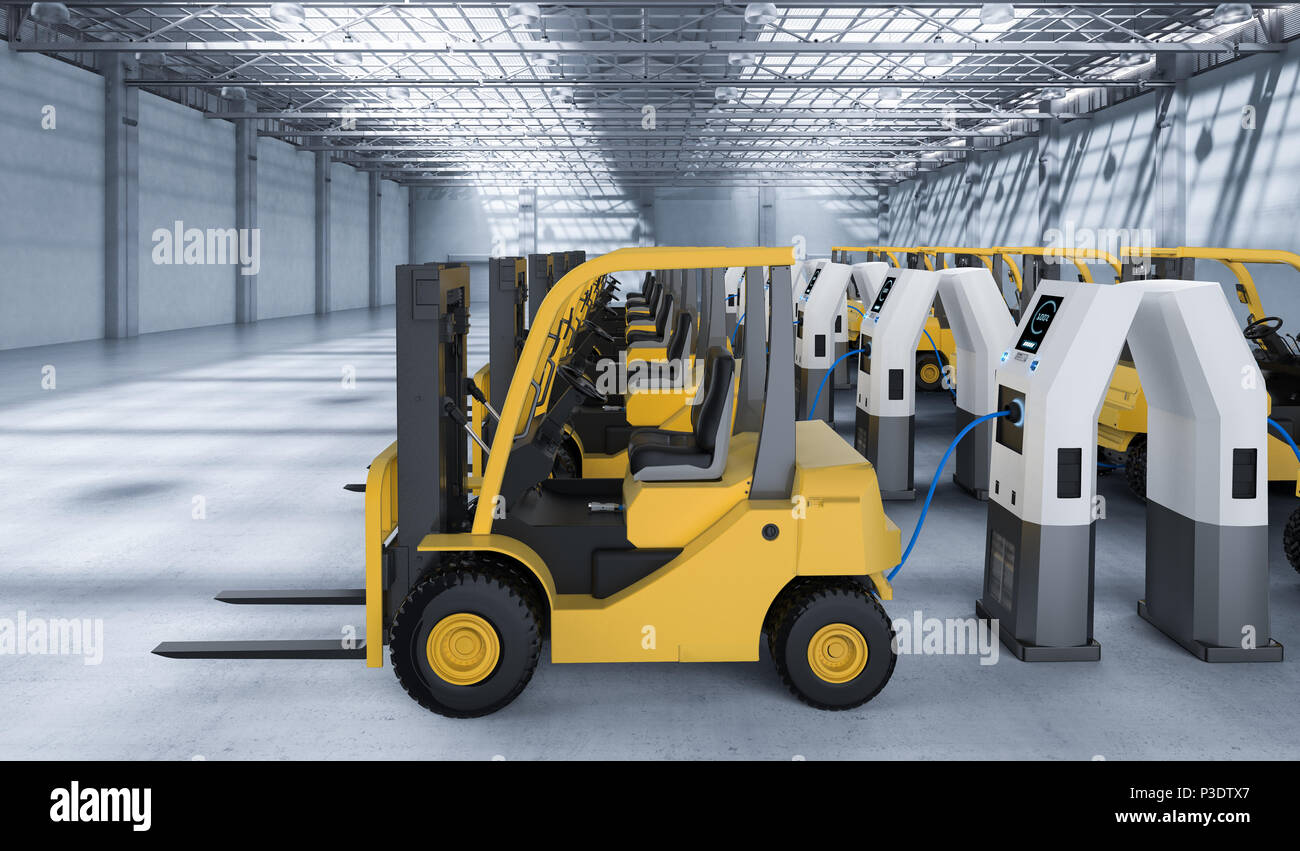 3d rendering forklift trucks charge with electric charging station