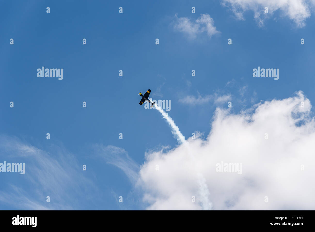 Madrid, Spain - June 3, 2018:  Yak 52 Russian aerobatic aircraft during air show of historic aircraft collection in Cuatro Vientos airport Stock Photo