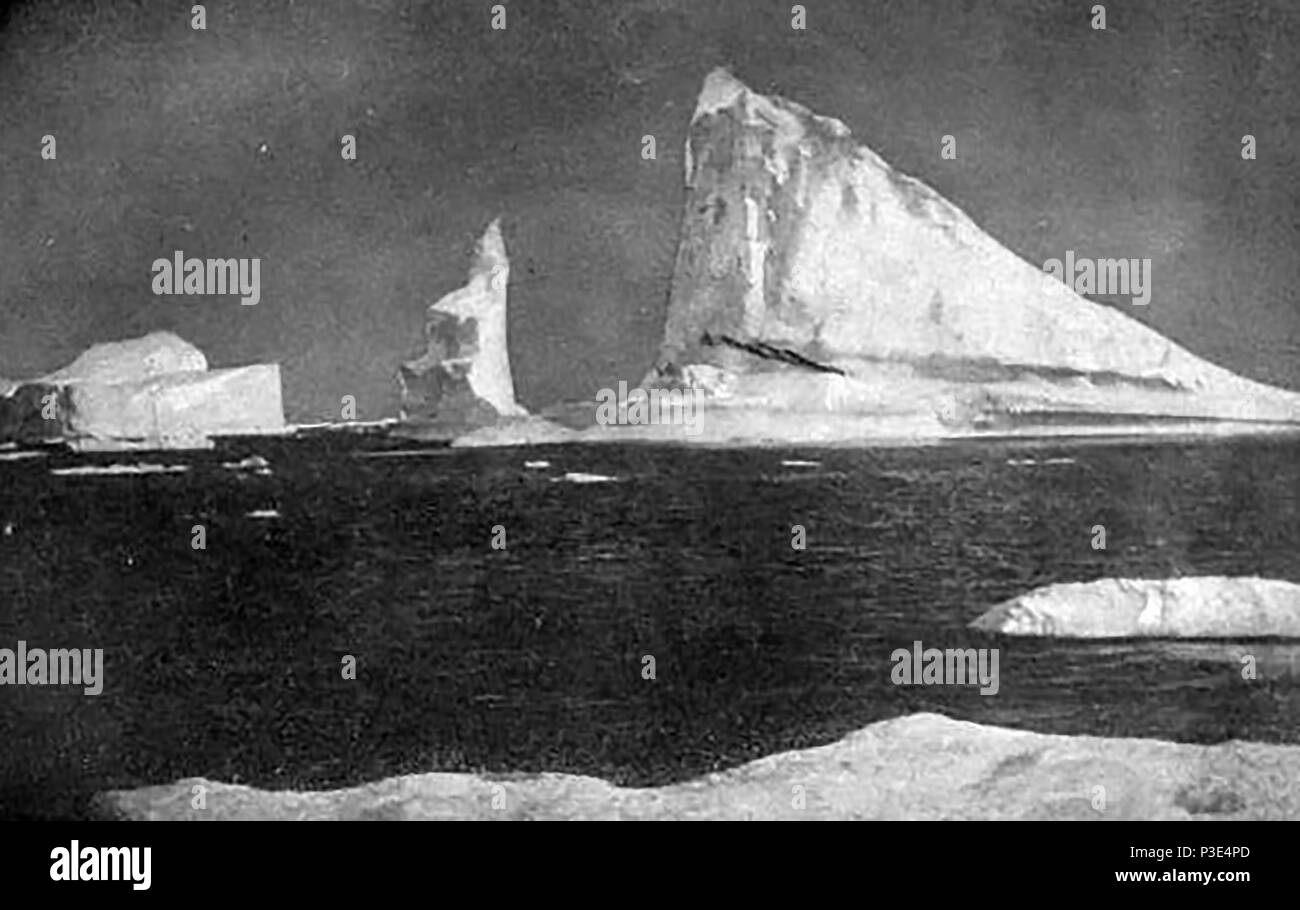 A 1912 press photo showing icebergs allegedly at the exact spot that the Titanic sank Stock Photo