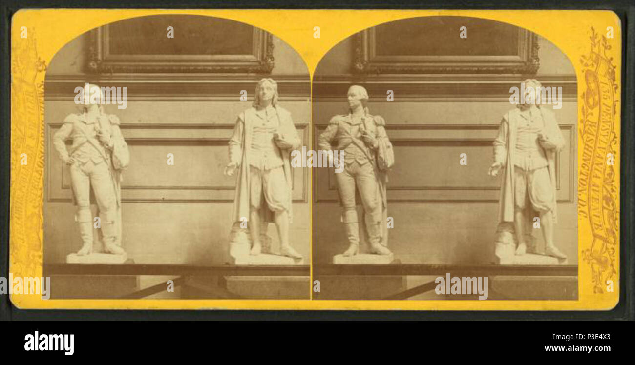 . Statuary in U.S. Capitol.  English: From the National Statuary Hall. Left is Nathanael Greene (by Henry Kirke Brown; donated in 1870), and the right is Roger Williams (by Franklin Simmons; donated in 1872). Per here, on the Architect of the Capitol site. .  Coverage: 1870?-1895?. Source Imprint: Washington, D.C. : John F. Jarvis, 1870?-1895?. Digital item published 1-25-2006; updated 2-13-2009. 284 Statuary in U.S. Capitol, by Jarvis, J. F. (John F.), b. 1850 4 Stock Photo
