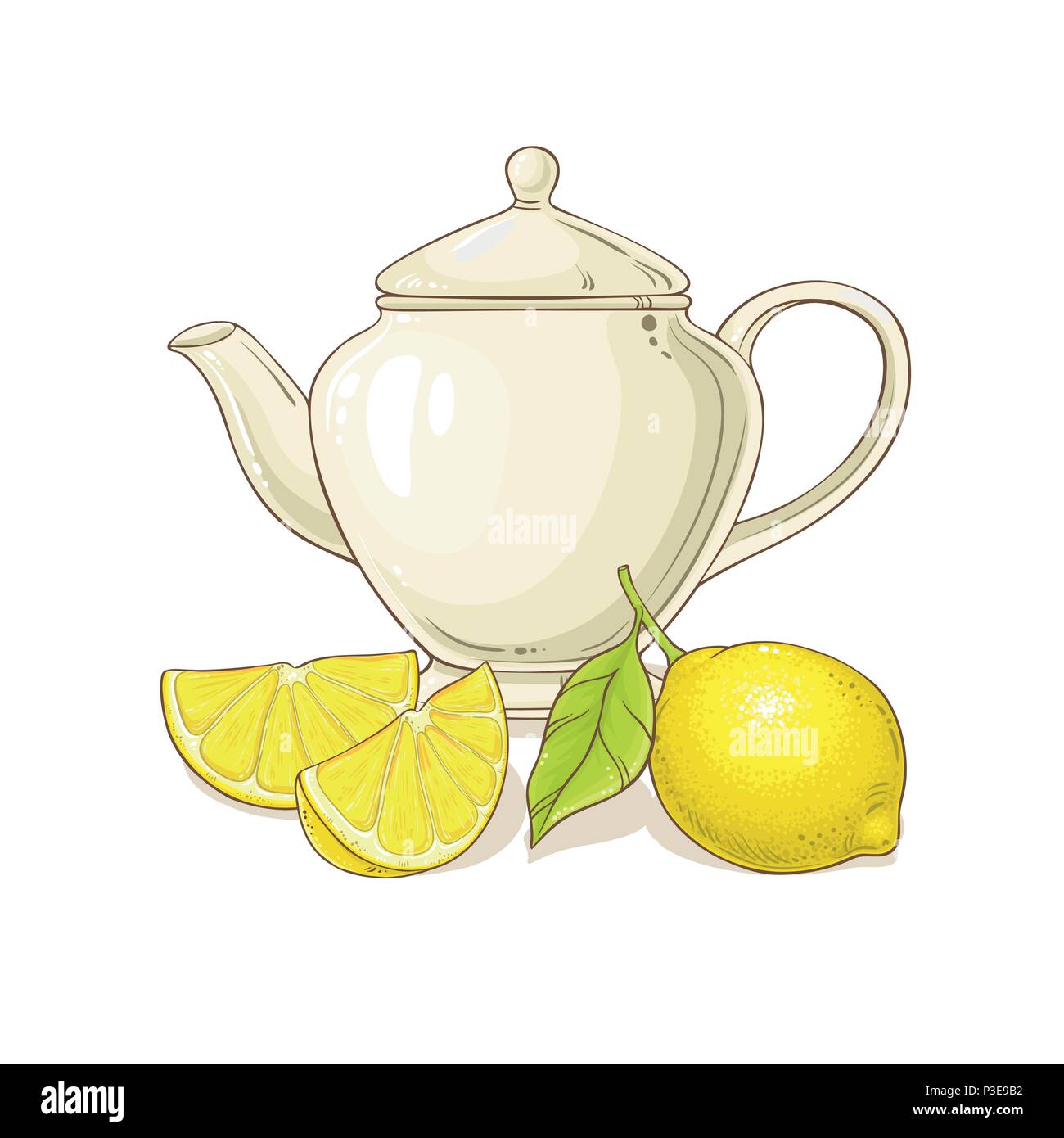 lemon tea in teapot illustration on white background Stock Vector Image