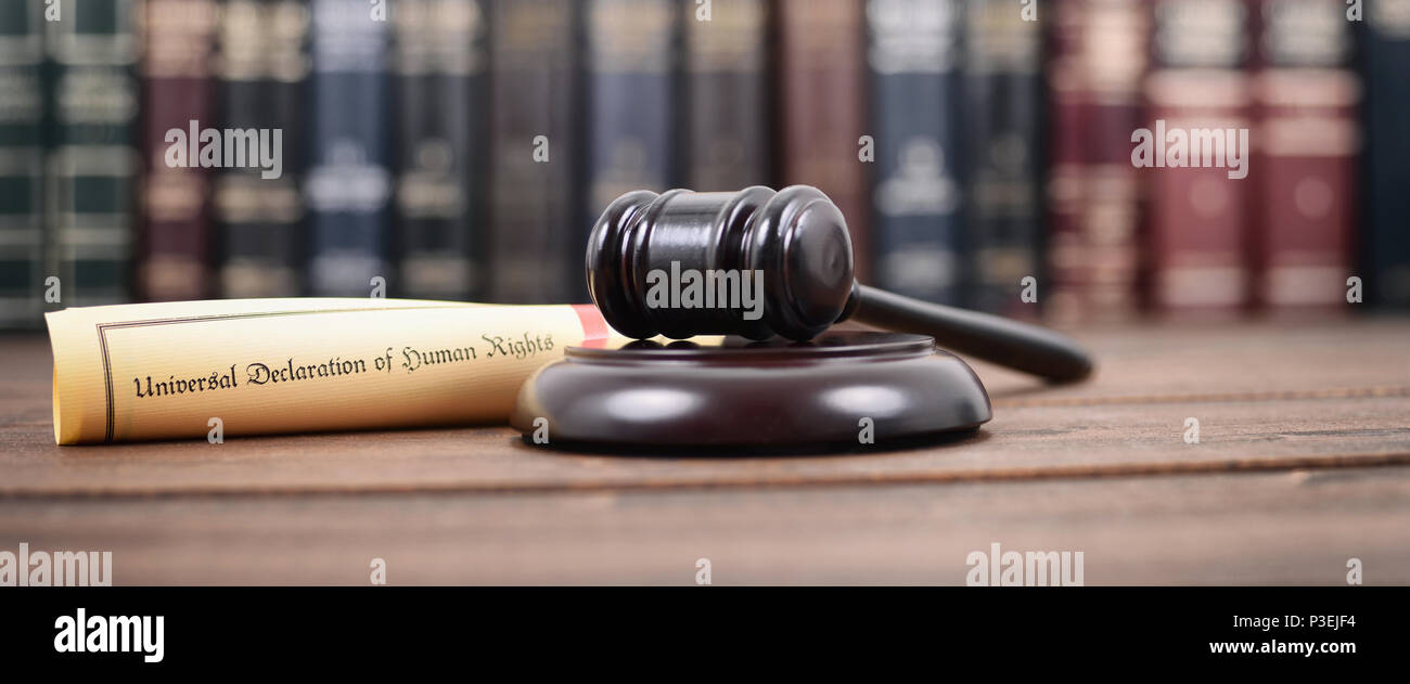 Law and Justice, Judge Gavel, Universal declaration of human rights on a wooden background, human rights concept. Stock Photo