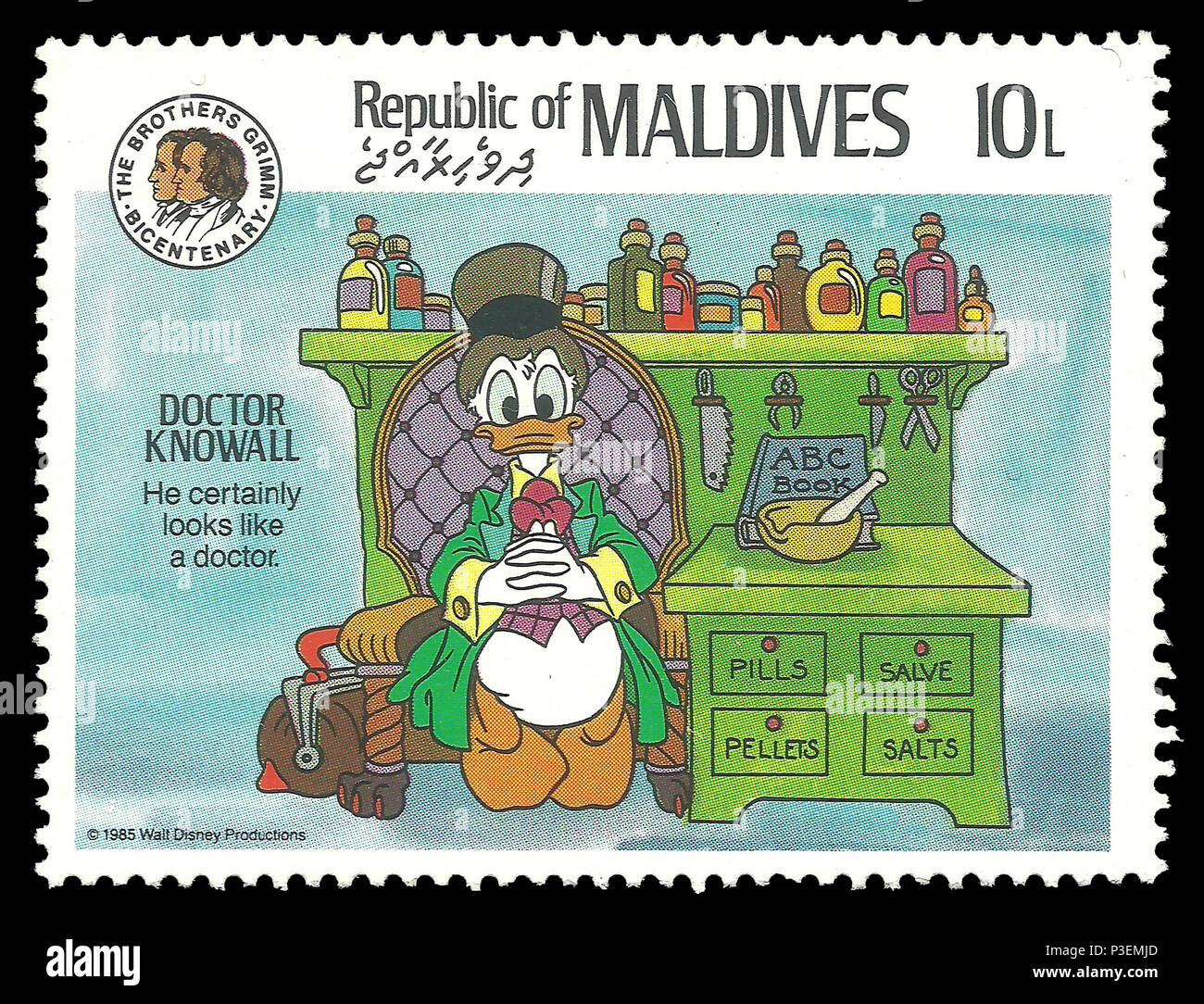 Republic of Maldives - stamp 1985: Color edition on Disney characters in  Doctor Knowall, shows He certainly looks like a doctor Stock Photo - Alamy
