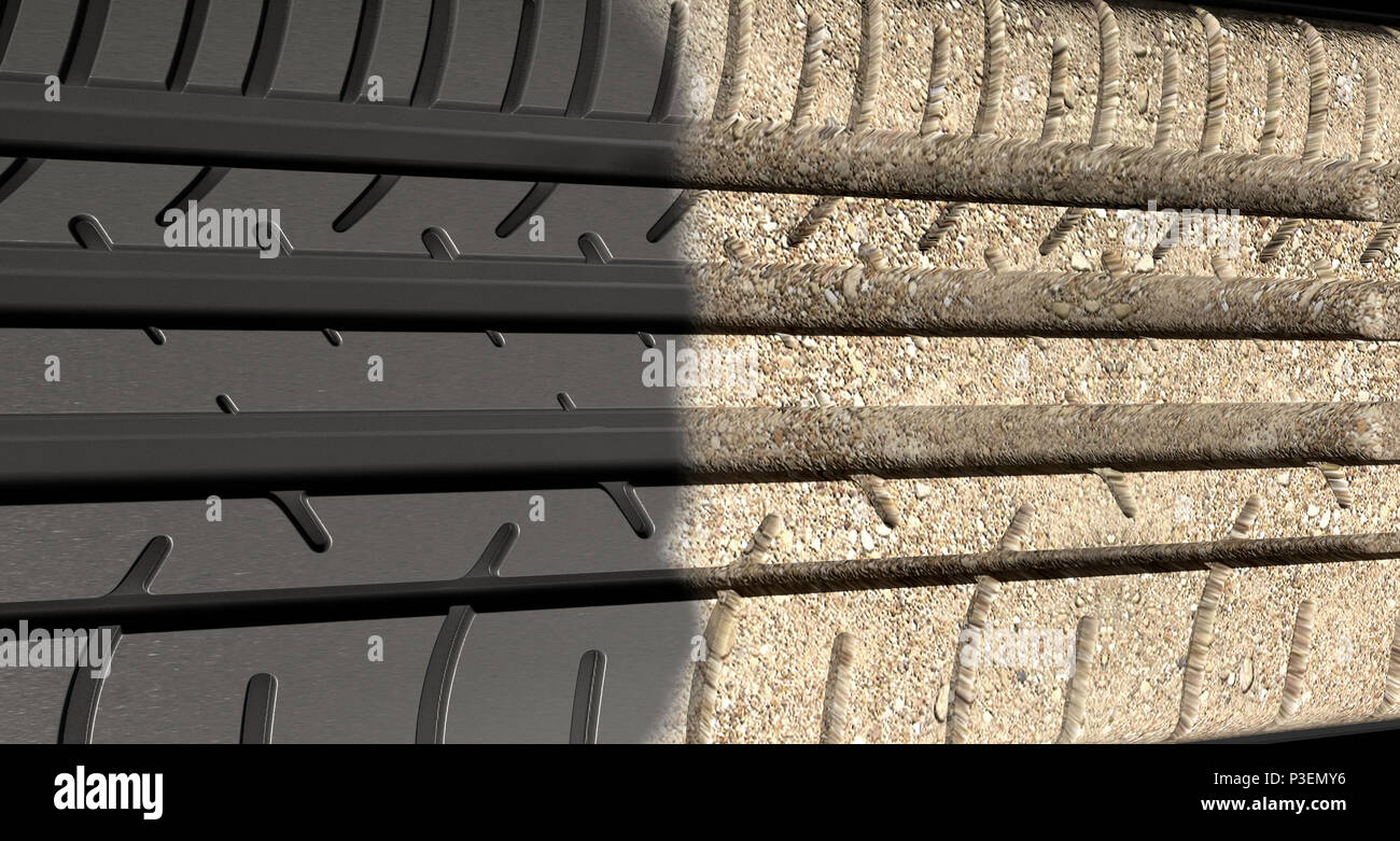 A flat car tire tread made of regular rubber that morphs into a tread made from gravel - 3D render Stock Photo