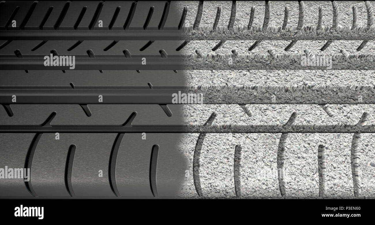 A flat car tire tread made of regular rubber that morphs into a tread made from asphalt - 3D render Stock Photo