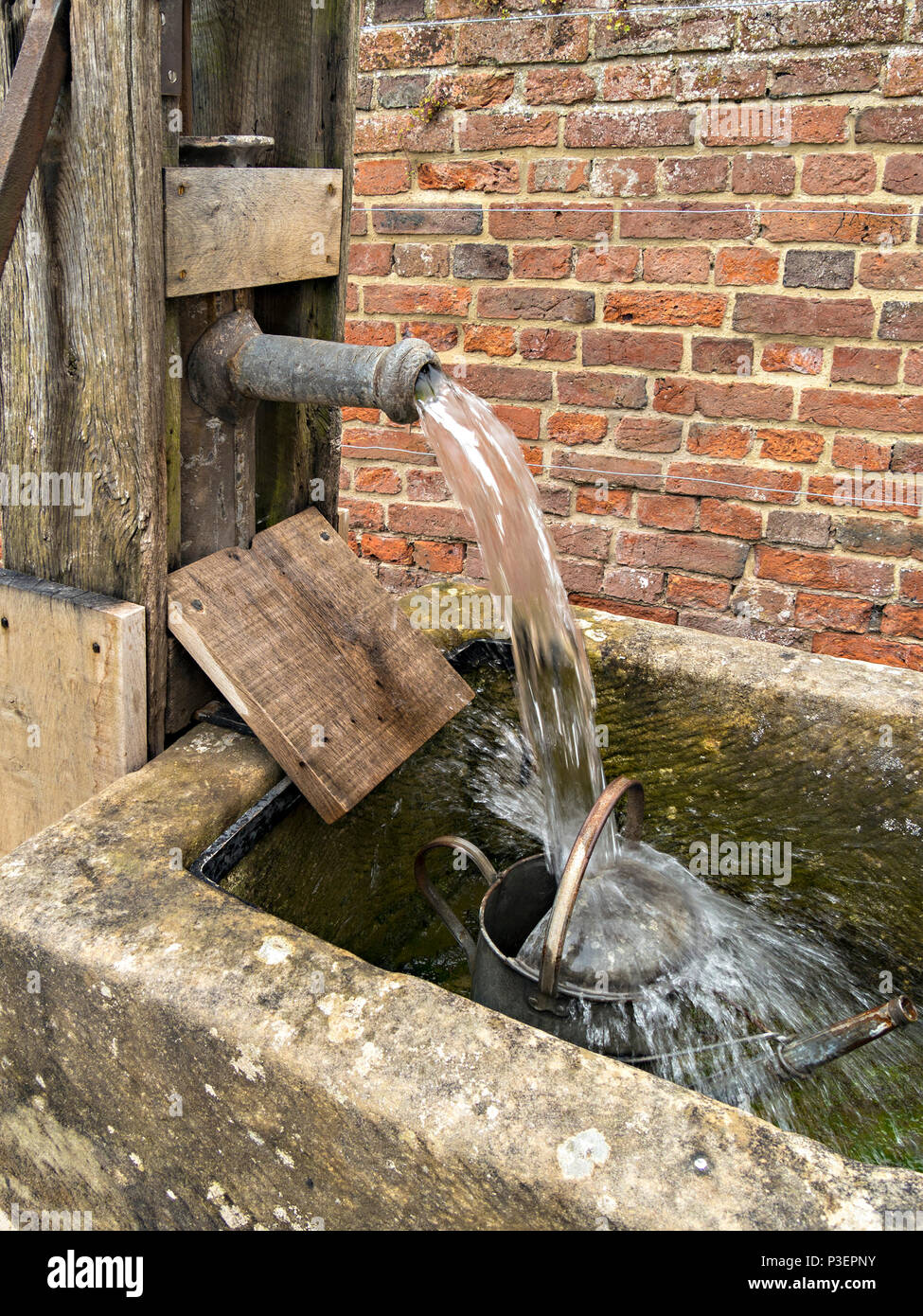 Old hand water pump with water pouring from lead pipe over garden watering can in stone trough. Stock Photo