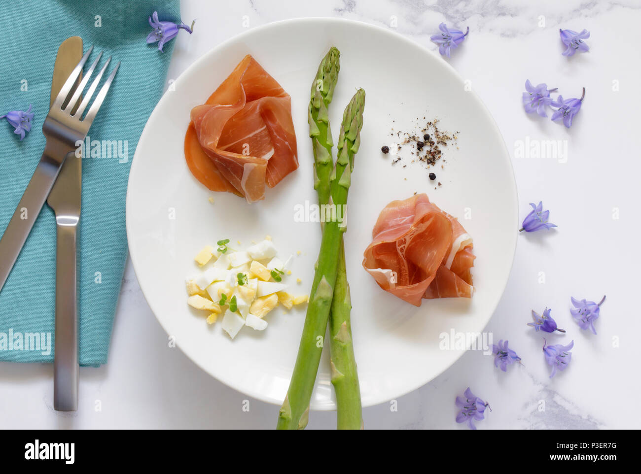 New Season Asparagus, Prosciutto Ham and Eggs, Spring Food Still-life Stock Photo