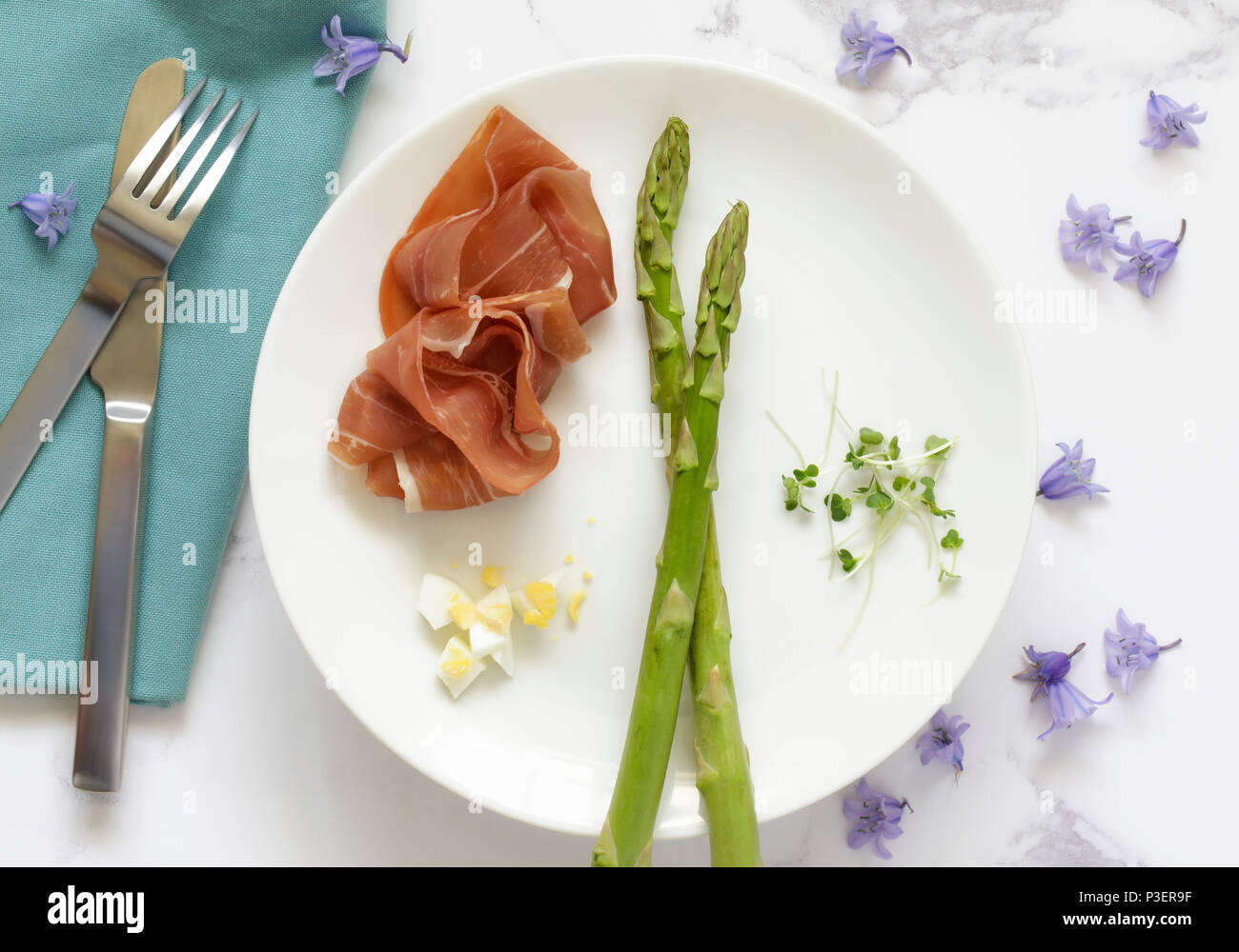 New Season Asparagus, Prosciutto Ham and Eggs, Spring Food Still-life Stock Photo