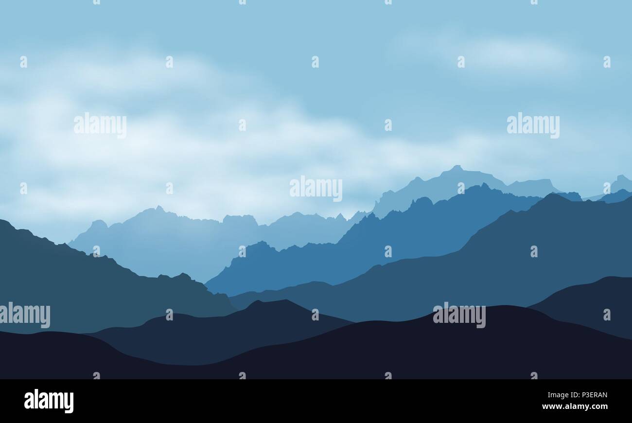 Vector illustration of mountain landscape silhouettes with mist and clouds, under blue sky - with space for your text Stock Vector