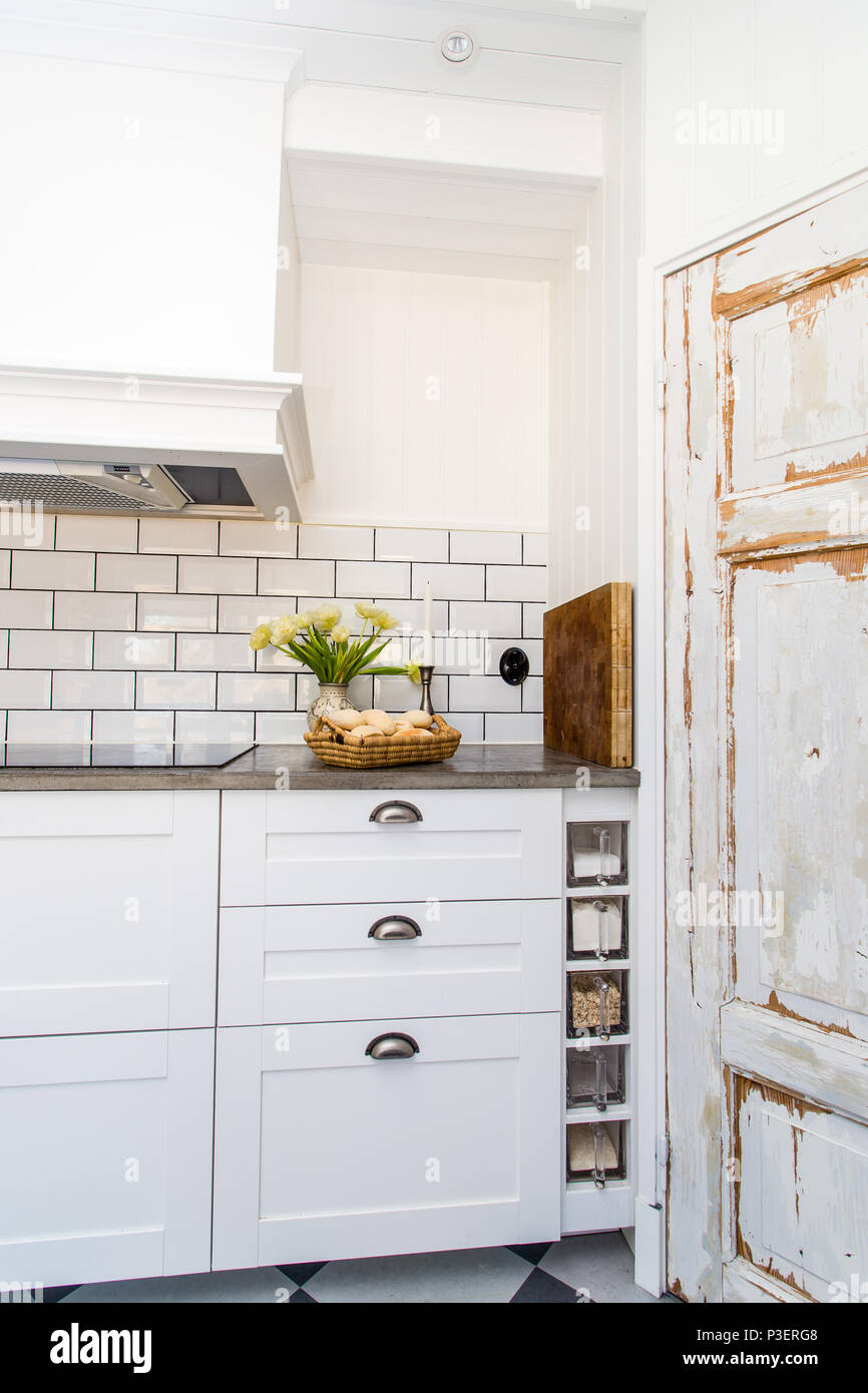 Modern stylish Scandinavian kitchen interior with kitchen accessories.  Bright white kitchen with household items Stock Photo - Alamy