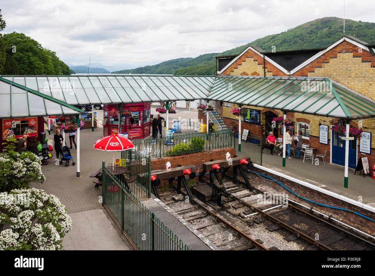 High view of station for Lakeside and Haverthwaite steam railway beside Windermere in the Lake District. Lakeside Cumbria England UK Britain Stock Photo