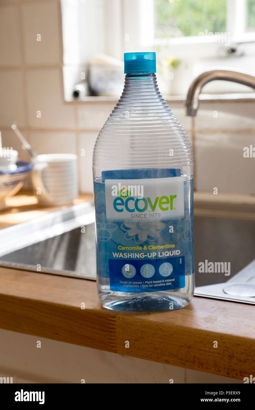 Plastic Container Bottle Of Ecover Environmentally Friendly Washing Up Liquid On Kitchen Sink England Uk Stock Photo Alamy
