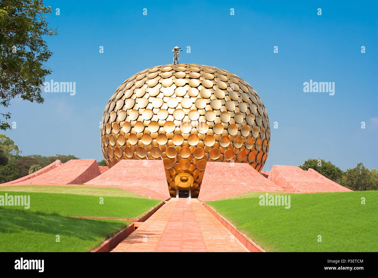 Auroville meditation hall. Auroville is a  human unity where people could live in peace and progressive harmony above all creeds, politics and nationa Stock Photo