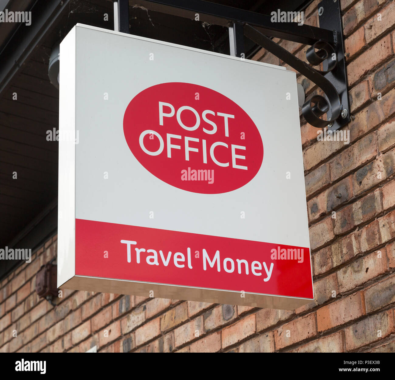 Close up Post Office travel money sign, Woodbridge, Suffolk, England, UK Stock Photo