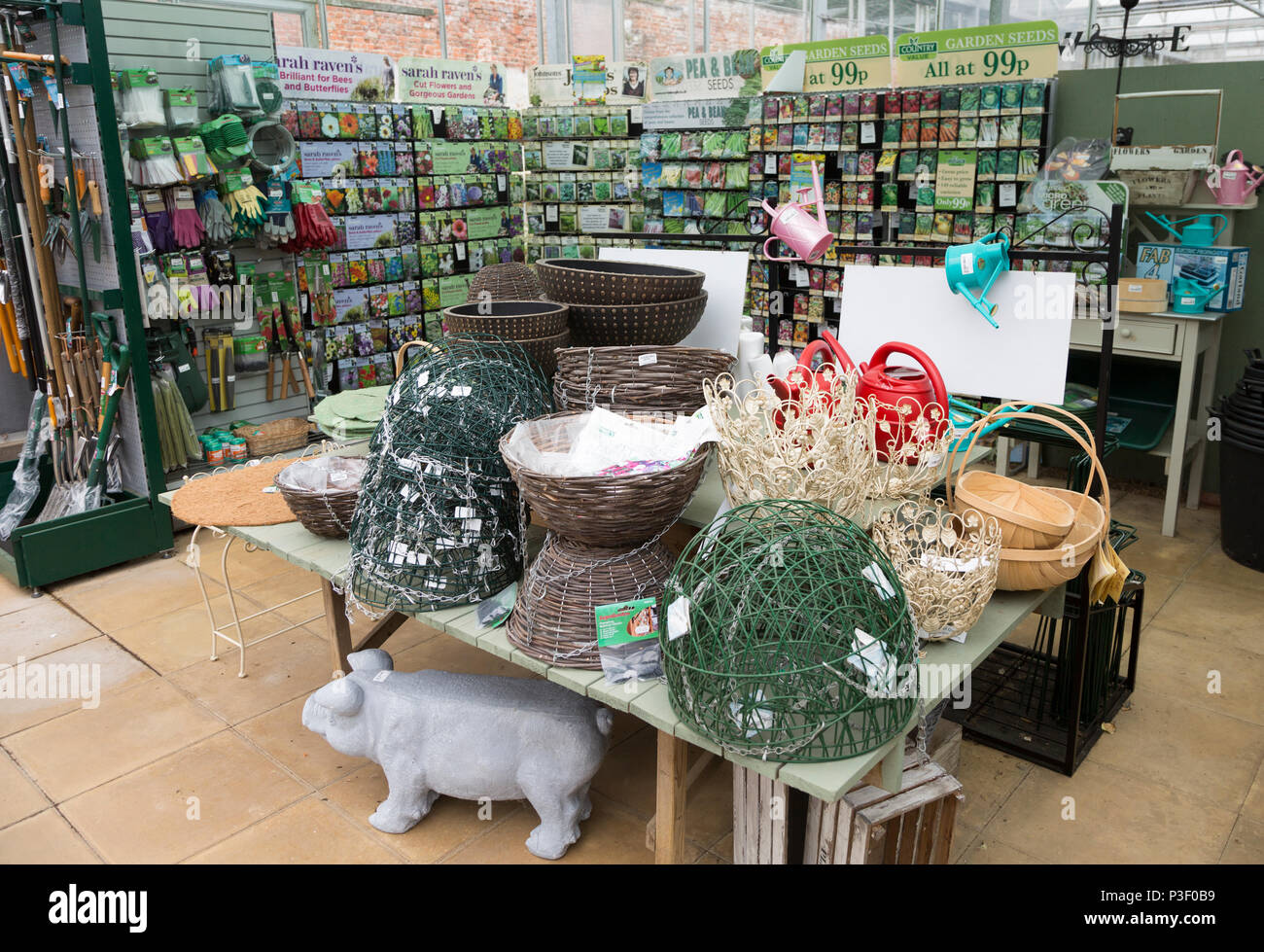 Gardening products on sale in shop at The Walled garden plant nursery