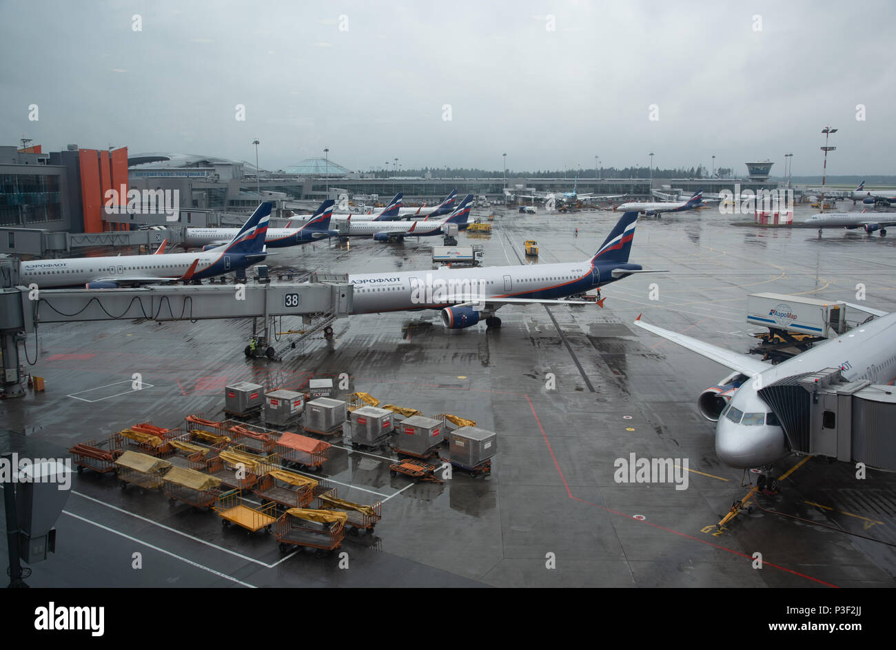 Moscow, Russia- June 12 2018: Airplanes on the runway at terminal D of